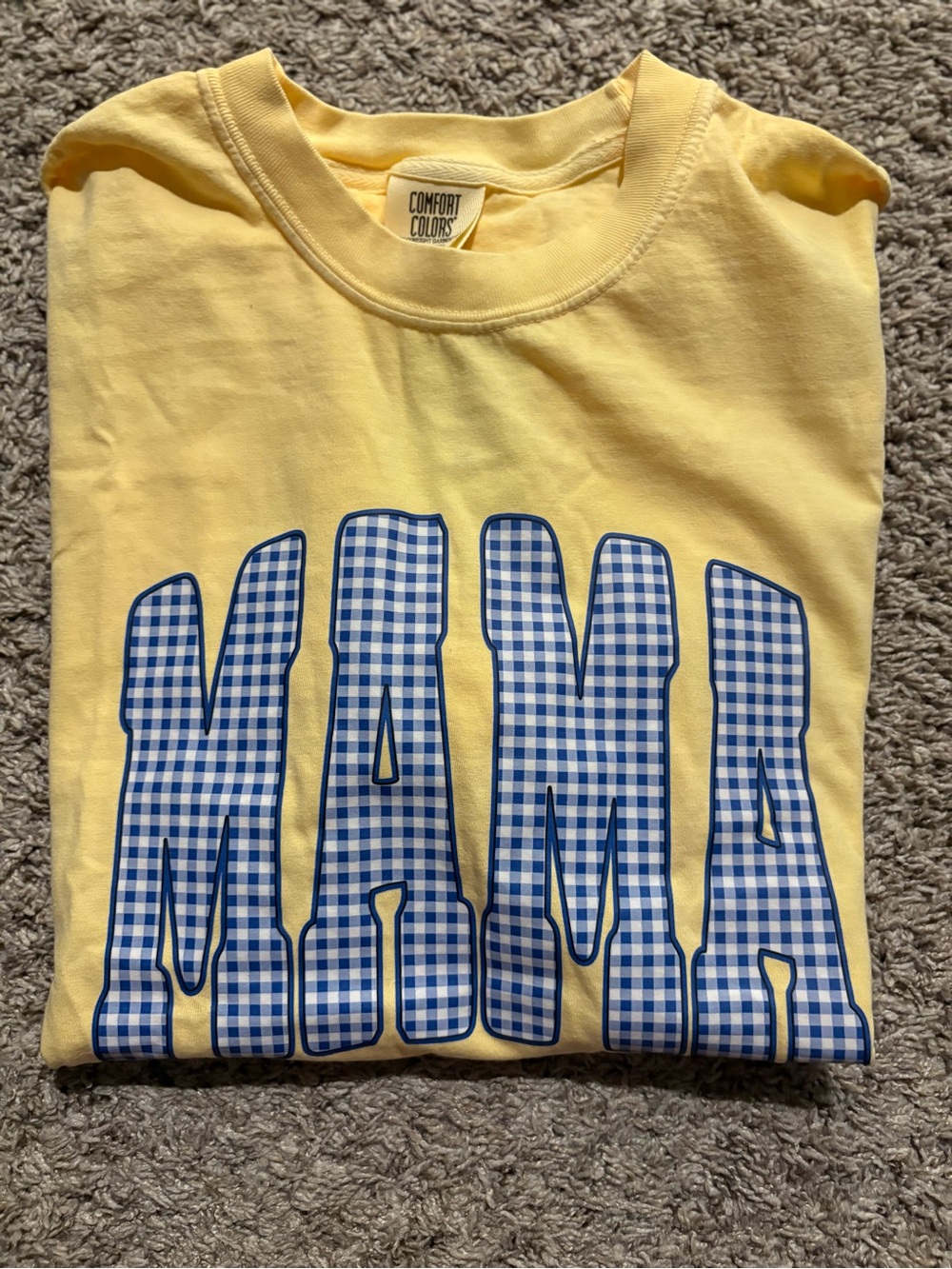 Comfort Colors Yellow Short Sleeve Tee with Blue Gingham MAMA Print